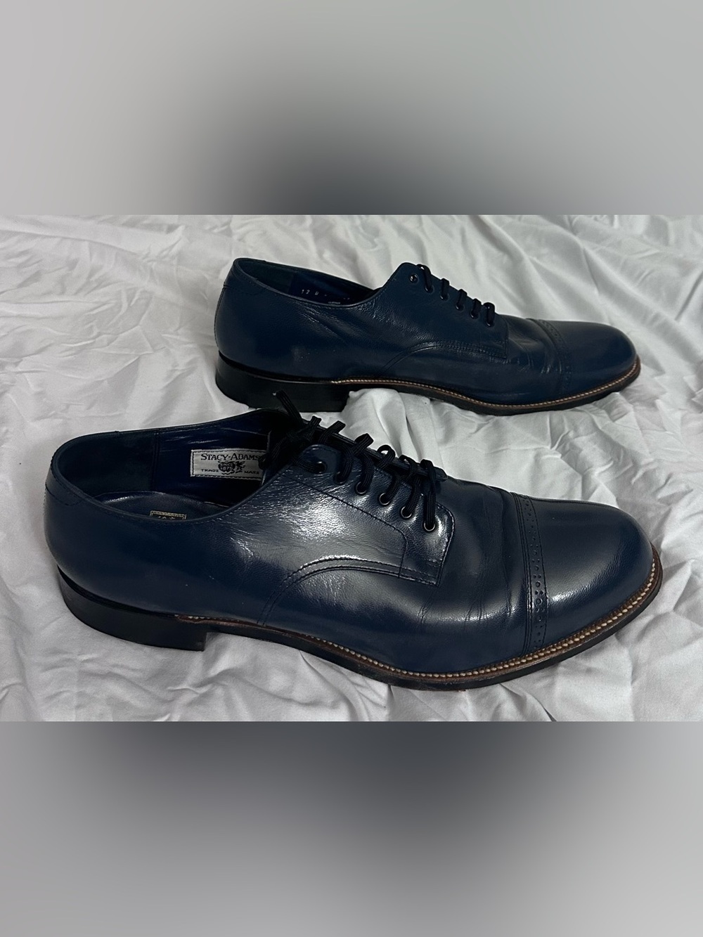Sz 12..Stacy Adams Navy Blue Leather Cap-Toe Derby Shoes
